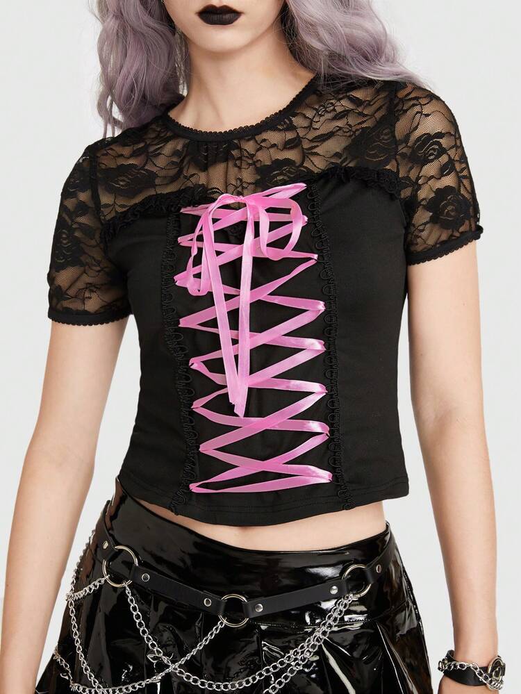 Lace Up Front Contrast Lace Crop Top