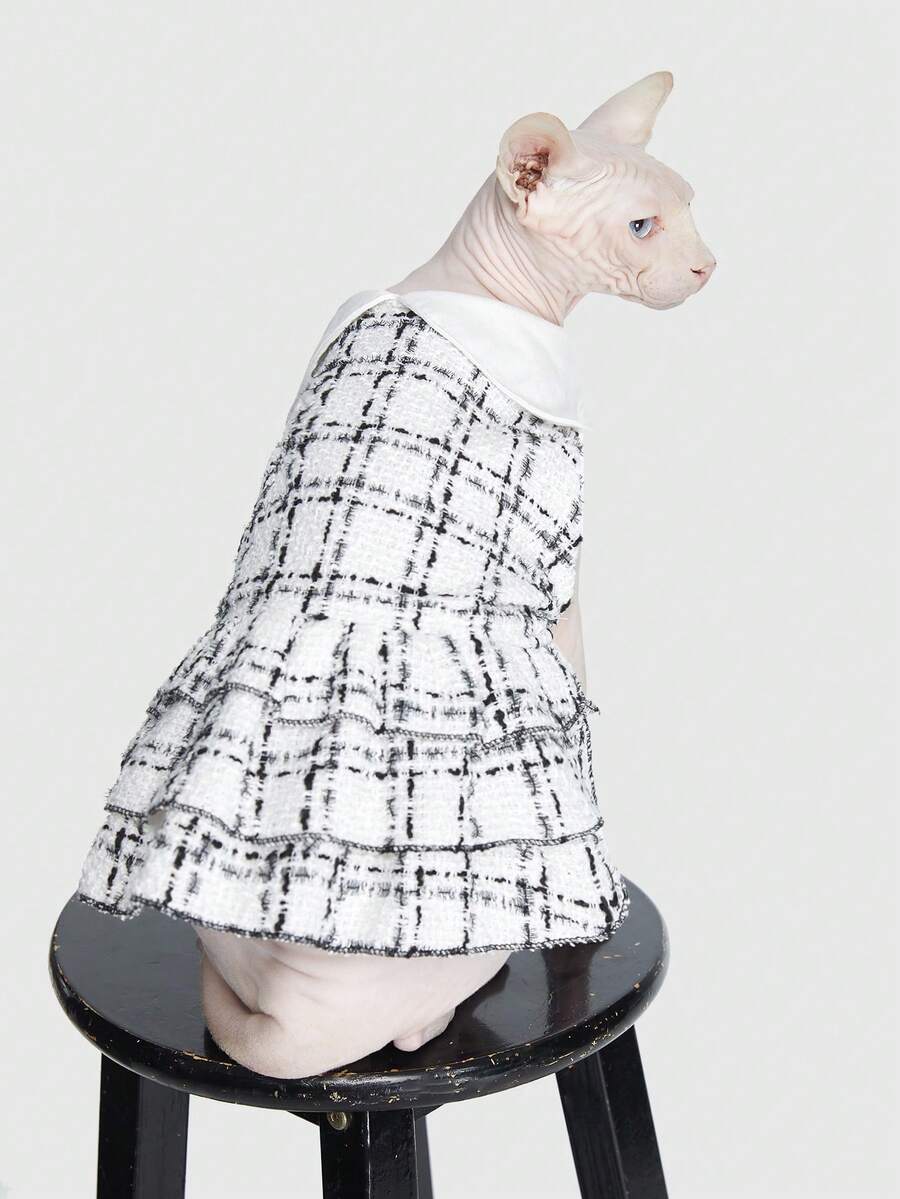 ROMWE Pet Skirt, Furry White Grid Dress - Black and White - View 1