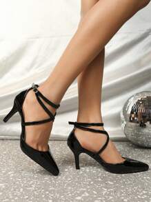 Tacones altos para mujer, tacón de aguja con punta puntiaguda, zapatos con tiras cruzadas y calados, correa con hebilla, color negro, versátiles y cómodos, regalo para el Día de la Madre - Negro - Ver 4