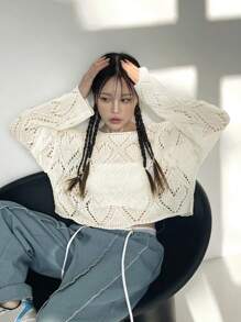 DAZY Solid Drop Shoulder Crop Sweater - Beige - View 6