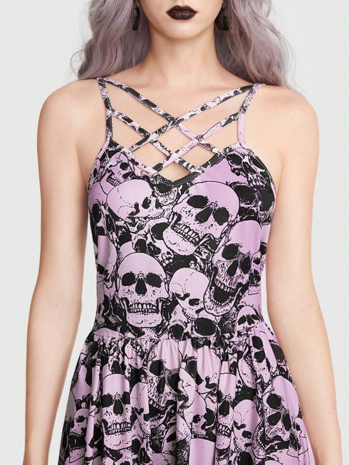 Our Goth Allover Skull Print Cami Dress Without Belt is such a vibe - ROMWE