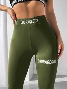 SHEIN PETITE Đồ họa Chữ cái Kiểm soát bụng Xà cạp - xanh quân đội - Xem 5