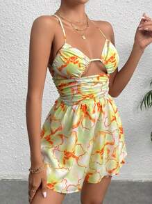 Soleia Allover Print Cut Out Ruched Cami Romper - Multicolor - View 4