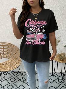 SHEIN EZwear Talla grande Camiseta con estampado de coche y letra - Negro - Ver 3