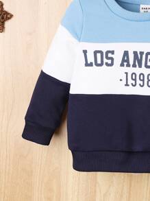 Baby Boy Colorblock Slogan Graphic Sweatshirt & Contrast Side Seam Sweatpants - Blue and White - View 5