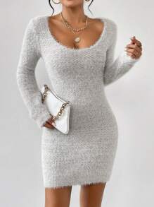 Chiquease Scoop Neck Fuzzy Sweater Dress - Grey - View 4
