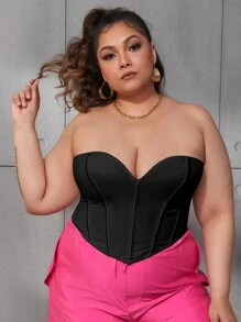 Sexy Tie Back Overbust Corset Tube Top V-Neck Boned Grommet Eyelet Shapewear Crop Top Halloween Costumes Women Fall Going Out Outfits - Black - View 3