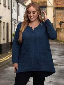 EMERY ROSE Plus Notched Neckline Pocket Patched High Low Hem Tee - Navy Blue - View 3