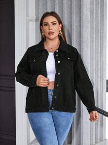 SHEIN LUNE Hơn Túi có nắp Áo khoác denim - màu đen - Xem 4