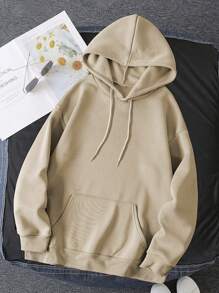 SHEIN EZwear Floral & Butterfly Print Drawstring Thermal Lined Hoodie - Khaki - View 2