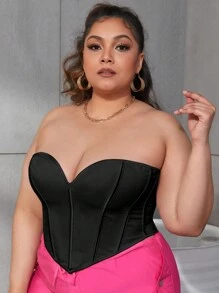 Sexy Tie Back Overbust Corset Tube Top V-Neck Boned Grommet Eyelet Shapewear Crop Top Halloween Costumes Women Fall Going Out Outfits - Black - View 4