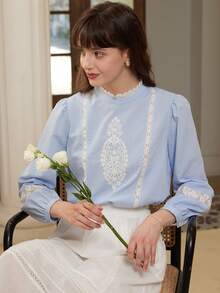 Simple Retro Guipure Lace Insert Mock Neck Lantern Sleeve Blouse - Baby Blue - View 7