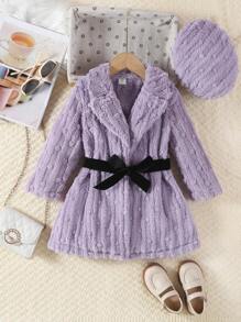 SHEIN 女小童素色腰帶絨毛外套&帽