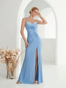 Viền mặt trước Tách đùi Hai Dây Ăn mặc trang trọng - Màu xanh bụi bặm - Xem 4