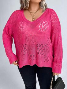 SHEIN LUNE Plus Pointelle Knit Drop Shoulder Split Hem Sweater Without Bra Knit Pullover Fall Winter Sweater - Hot Pink - View 8