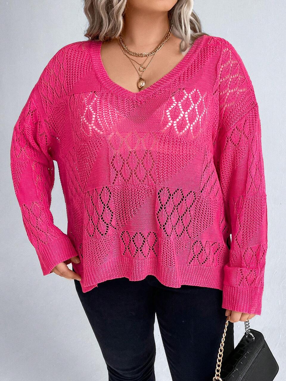 Plus Pointelle Knit Drop Shoulder Split Hem Sweater Without Bra Knit Pullover Fall Winter Sweater