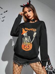 PUNK Halloween Print Drop Shoulder Sweatshirt - Black - View 5