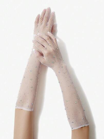 SHEIN BAE White Fishnet Long Gloves Decorated With Rhinestones,Schoolwedding