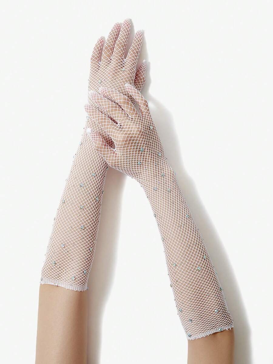 SHEIN BAE White Fishnet Long Gloves Decorated With Rhinestones,Schoolwedding - White - View 1