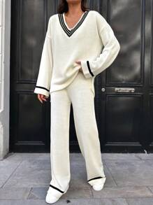 SHEIN Cottnline Striped Trim Drop Shoulder Sweater & Knit Pants - White - View 1
