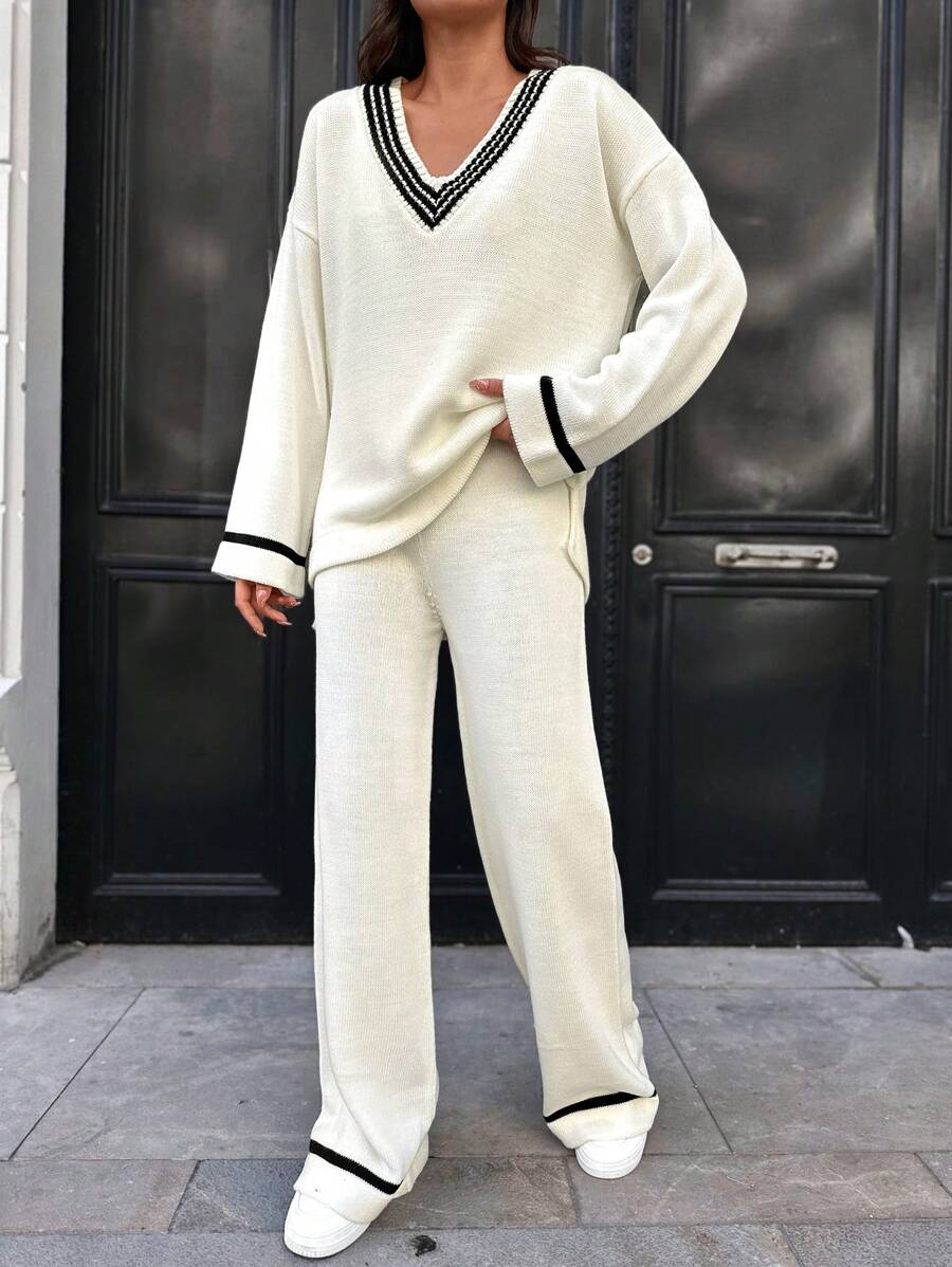 SHEIN Cottnline Striped Trim Drop Shoulder Sweater & Knit Pants - White - View 1