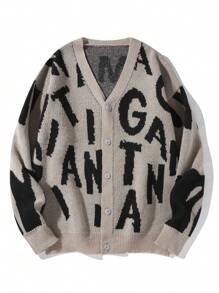 Manfinity EZcore Hombres Delantero abotonado con patrón de letras y hombro caído, bloque de color grueso en tonos caqui Cardigan, moda urbana para amigos - Multicolor - Ver 1