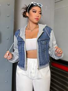 SHEIN ICON Talla grande Cazadora mezclilla de color combinado bajo crudo con cordón con capucha - Azul lavado medio - Ver 5