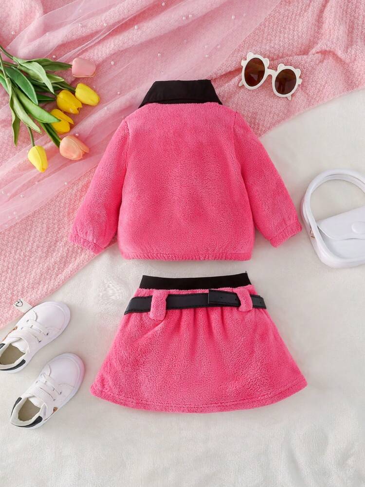 Baby Girl Letter Embroidery Contrast Collar Fuzzy Sweatshirt & Belted Skirt