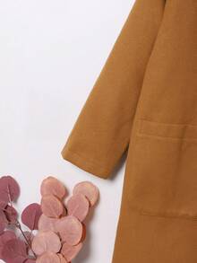 SHEIN 男大童雙口袋前紐扣連帽花呢外套帶圍巾 - 駝色 - 查看 3