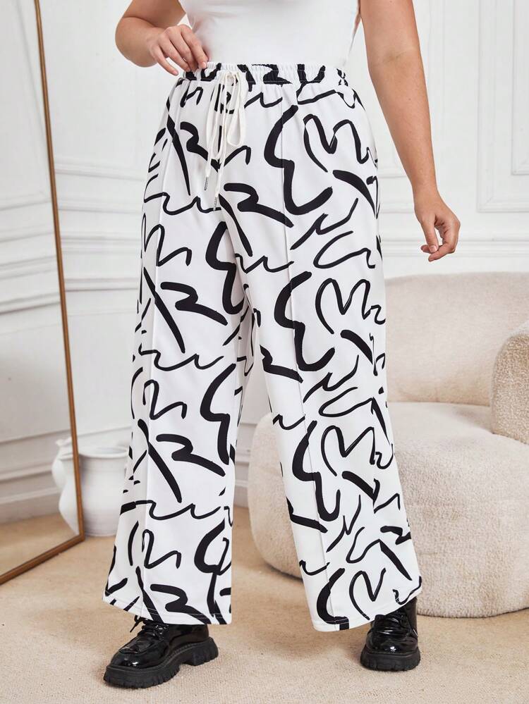Plus Allover Print Drawstring Waist Wide Leg Sweatpants