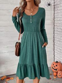 SHEIN LUNE Chất rắn Xù Hoa Sen Váy chữ A - màu xanh lá - Xem 5