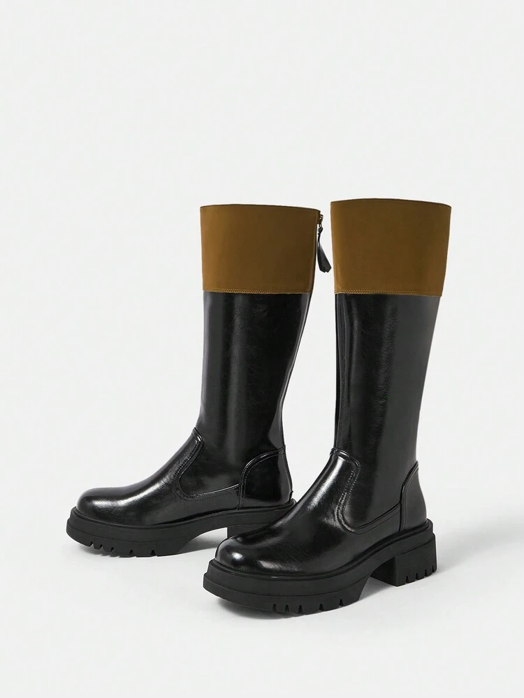 Women's Color Block Fashionable Thick-soled Combat Boots For Outdoor Wear