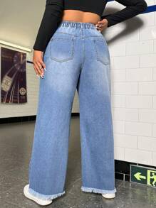 SHEIN ICON 大碼高腰破洞毛邊闊腿牛仔褲 - 淺色水洗藍 - 查看 2