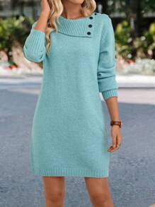 SHEIN LUNE Asymmetrical Neck Button Detail Sweater Dress - Mint Blue - View 3