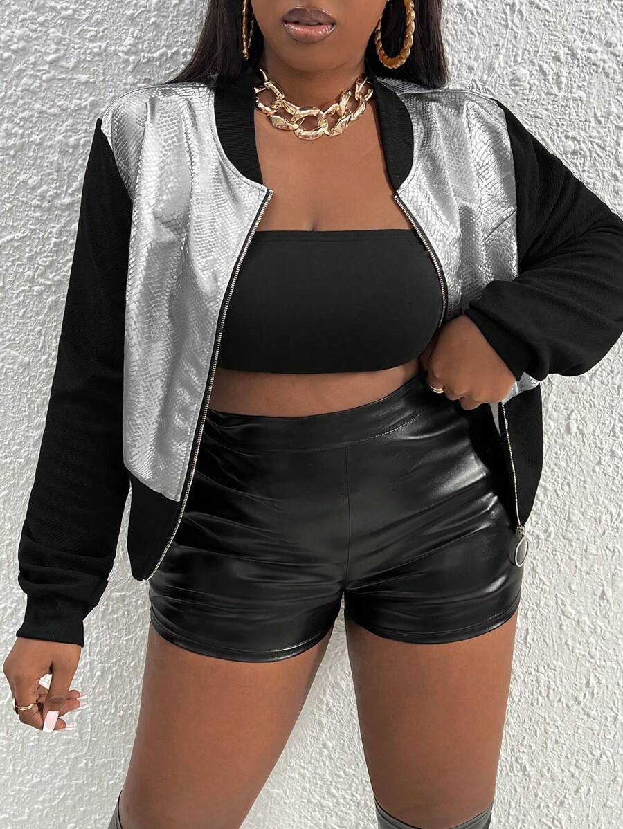 Slaydiva Talla grande Cazadora tipo bomber de dos tonos con cremallera de recubierto - Plateado - Ver 1