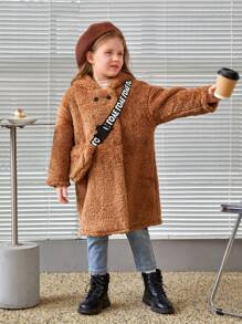 SHEIN 女小童雙排釦連帽毛茸茸外套&包 - 棕色 - 查看 3