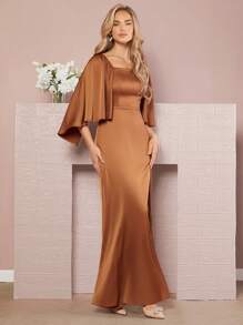 SHEIN Belle Formelles Kleid mit eckigem Ausschnitt, Cape Ärmeln, Schlitz, Satin
