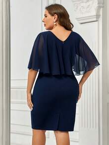 CurvySweet Plus Contrast Mesh Butterfly Sleeve Ruched Bodycon Dress - Navy Blue - View 2