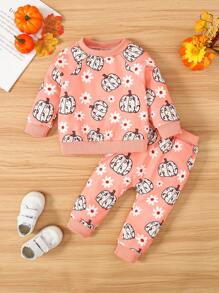 SHEIN Đứa bé gái Đồ họa Hoạt hình Tay Raglan Áo len & Quần nỉ - Hồng - Xem 1