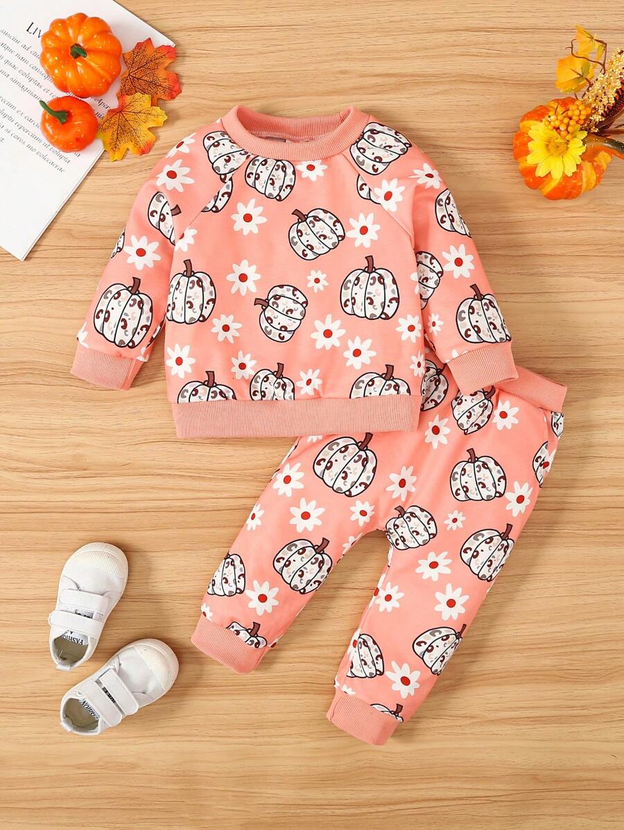SHEIN Đứa bé gái Đồ họa Hoạt hình Tay Raglan Áo len & Quần nỉ - Hồng - Xem 1