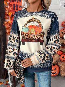 SHEIN LUNE 豹紋&南瓜圖案落肩袖運動衫 - 彩色 - 查看 5