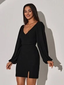 EURMUSE Surplice Neck Lantern Sleeve Split Hem Fitted Dress - Black - View 3