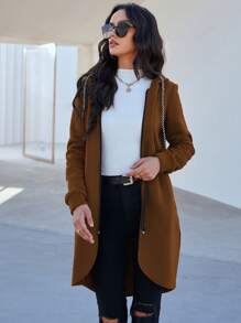 Mulvari Zip Up Drawstring Hooded Sweatshirt Pullover Fall Outfit - Coffee Brown - View 5