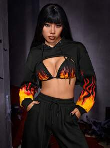 SHEIN ICON 萬聖節火圖案超短版抽繩連帽衫不附胸罩 - 黑色 - 查看 1