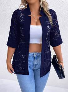SHEIN LUNE Talla grande Blazer con parte delantera abierta con encaje - Azul Marino - Ver 1