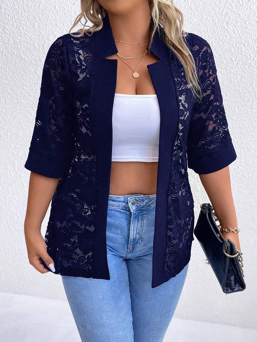 SHEIN LUNE Talla grande Blazer con parte delantera abierta con encaje - Azul Marino - Ver 1