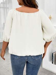 Calvaya Plus Knot Front Lantern Sleeve Blouse - White - View 2
