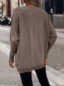 LanaWest 双口袋蝙蝠袖口袋贴片毛衣，长袖上衣 - 棕色 - 查看 2