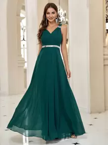 SHEIN Belle 亮片細節雪紡伴娘洋裝 - 墨綠色 - 查看 1