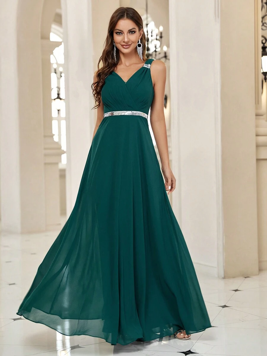 SHEIN Belle 亮片細節雪紡伴娘洋裝 - 墨綠色 - 查看 1